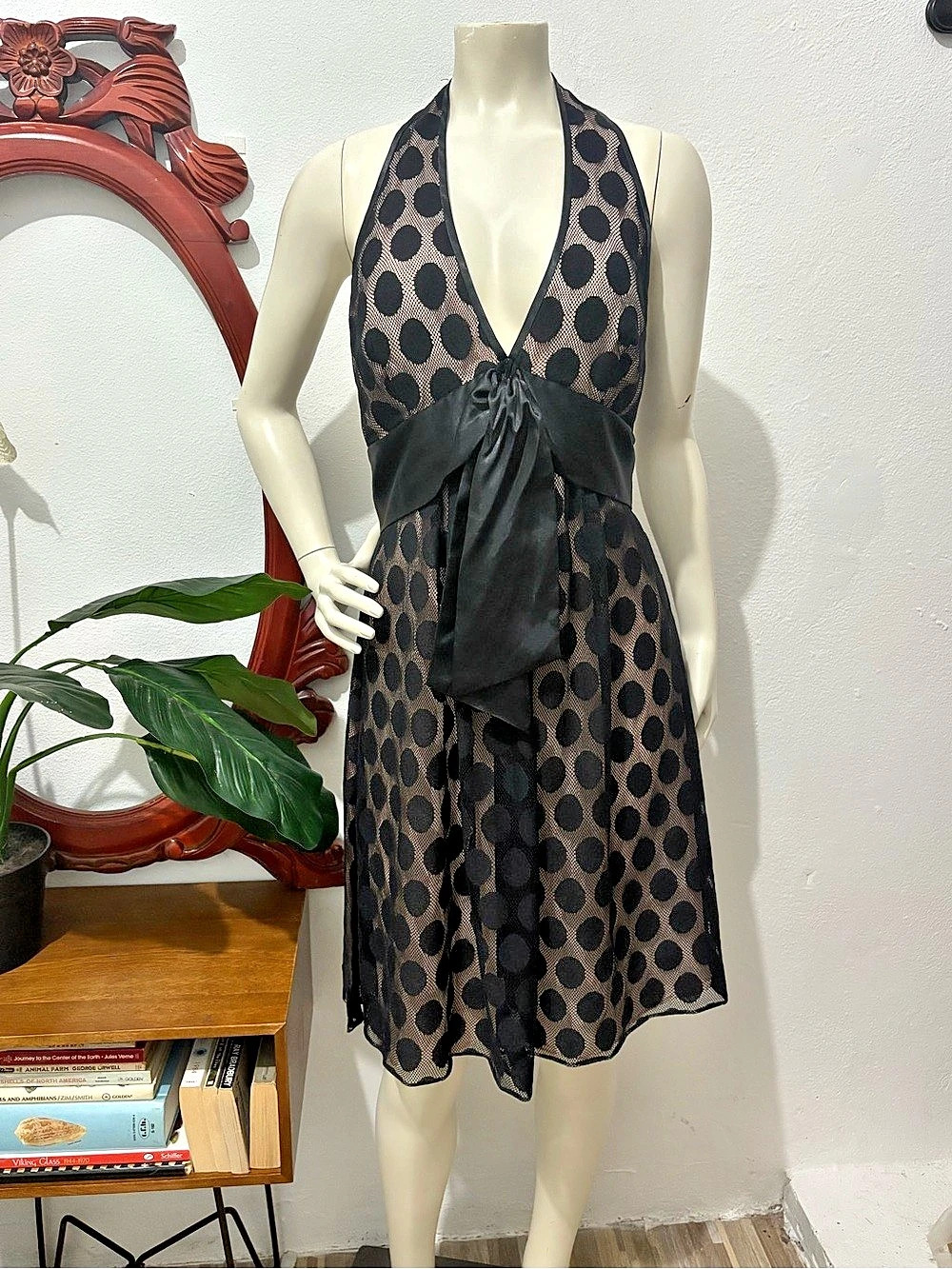 Y2K Bebe Polka Dot Halter Open Back Midi Special Occasion Dress Like New Medium